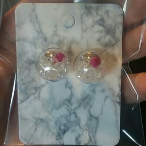 Glass ball earrings w/rhinestone crystals & flower